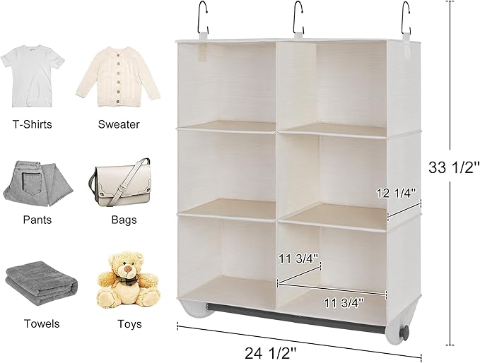 StorageWorks Hanging Closet Organizer with Metal Rod, 6-Section Closet Organizers and Storage, Collapsible Hanging Shelves fo