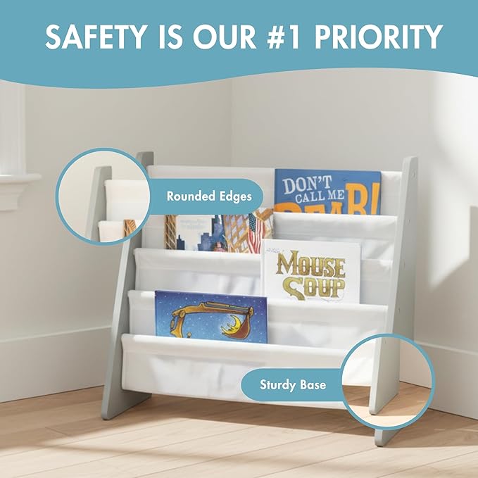 Humble Crew 4-Tier Kids Bookshelf, Grey Wood/White - Premium Book Shelf for Kids Rooms with Four Deep Pockets - Toddler Sling