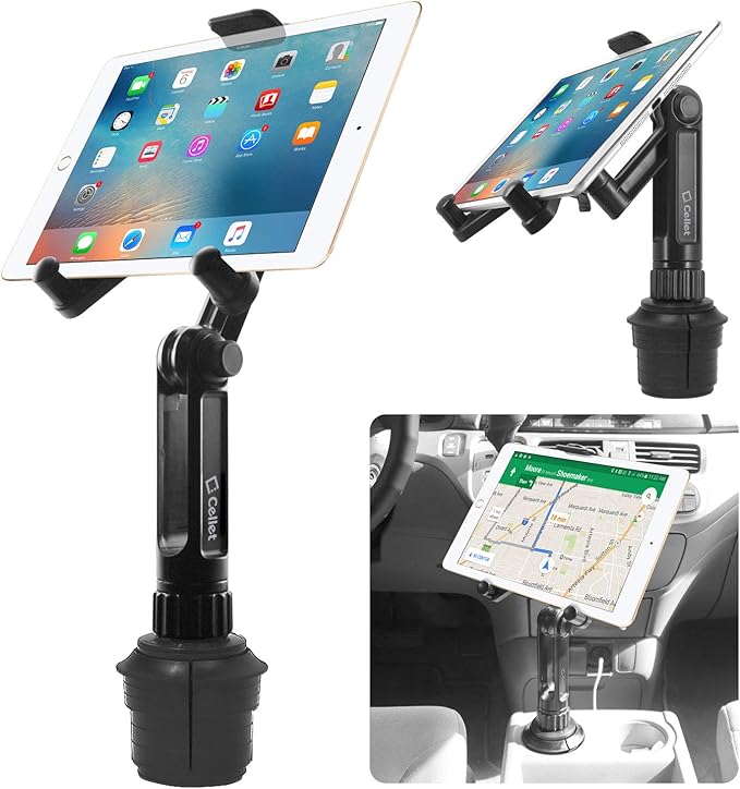 Cellet Universal Car Cup Holder Tablet Mount – Adjustable Gooseneck Stand for iPad, Galaxy, Kindle, Smartphones & More – Stable Base Fits Cup Holders 2.5"-4" for Front & Back Seat Use