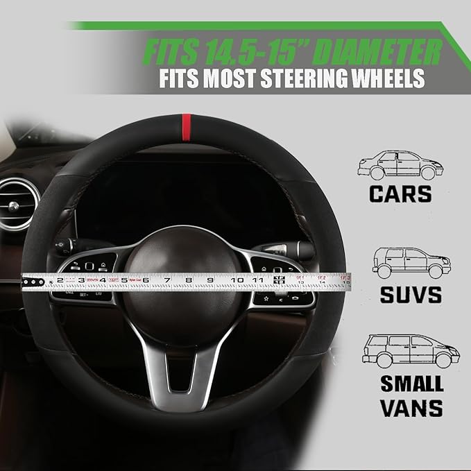Suede Steering Wheel Cover with Upgraded Silicone Inner Ring, Anti Heat, Breathable, Anti-Slip, Leather Universal 14.5 to 15 