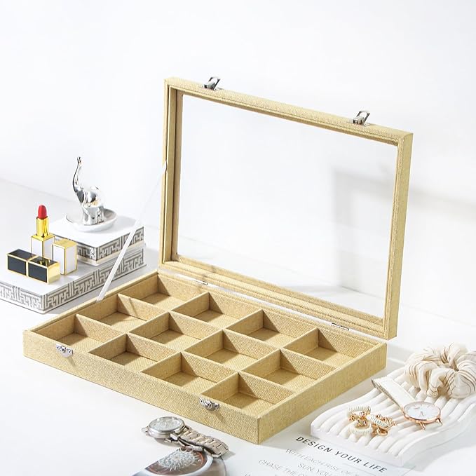 Coward Jewelry Organizer Box, Yellow Linen 12 Grids Bracelet Bangle Necklace Jewelry Display Tray Case with Transparent Glass