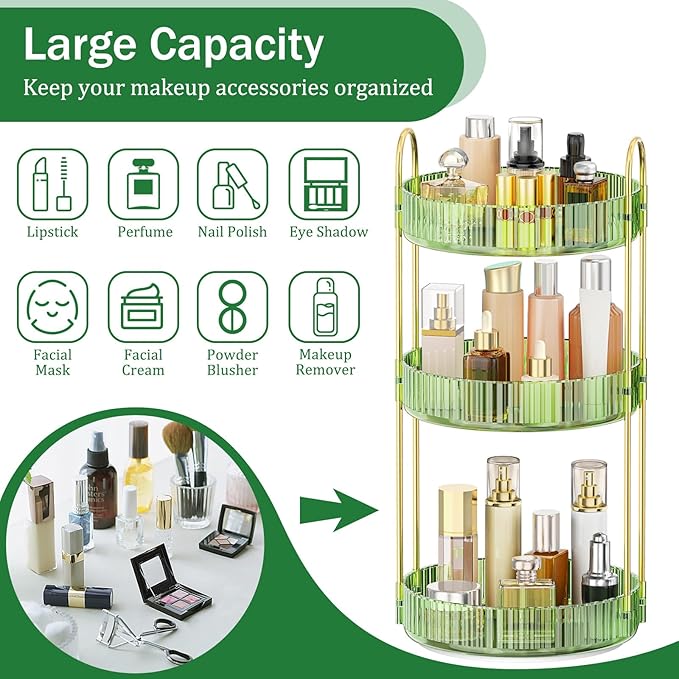 MOKANI 360 Rotating Makeup Organizer for Vanity, 3 Tier Adjustable Perfume Organizer for Dresser, Multi-Function Spinning Cos