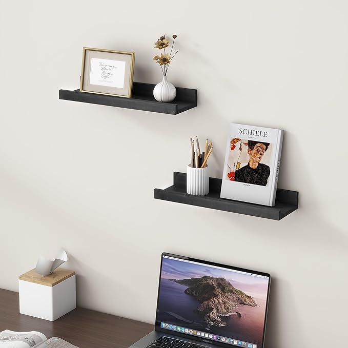Picture Ledge Shelf for Wall, 16 inch Solid Pine Wood Nursery Book Shelves 2 Packs, Floating Ledge Shelves for Kids' Room Bed