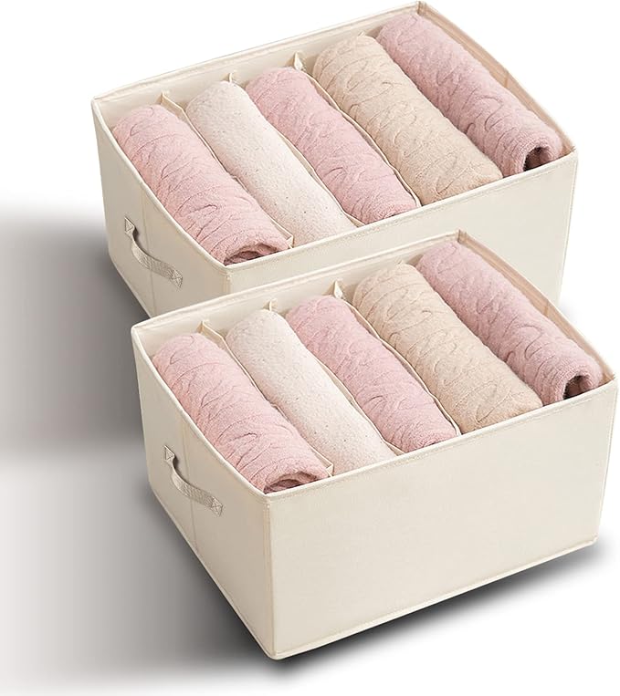 2 Packs Wardrobe Clothes Organizer, Foldable Closet Organizers Extra large 5 Grids Fabric Drawer Dividers with Double Handles