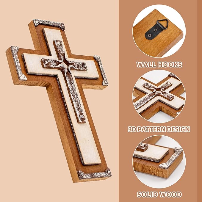 OKSQW Wall Wooden Cross Christians Cross Spiritual Religious Gifts With Hook on Hanging Wall Or Table With Blessed For Church