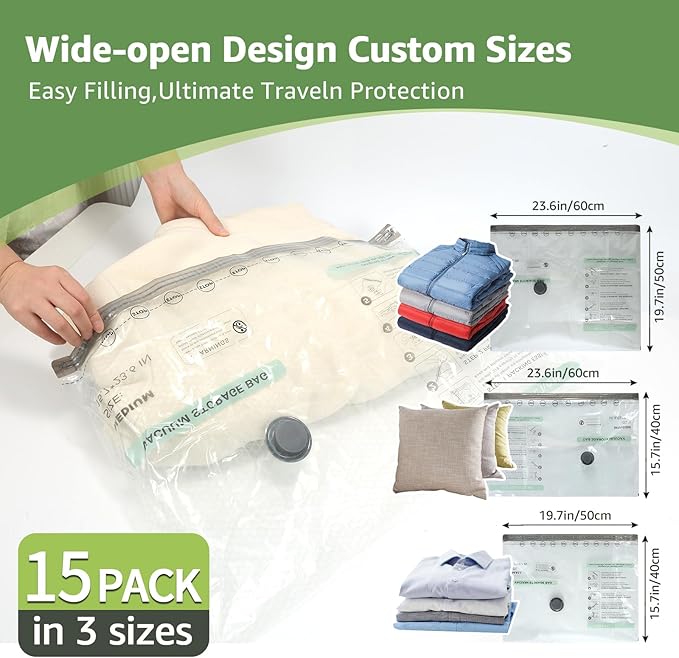 Vacuum Bags for Travel with Rechargeable air Pump, 3 Sizes Vacuum Seal Bags for Clothing, Space-Saving Compression Storage Ba