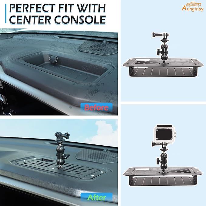 Car Center Console Dashboard Storage Organizer Tray with Dash Cam Mount Holder Compatible with Toyota Tundra/Sequoia 2022-2026, Car Cameras Bracket for Go pro/Action Camera Video Record Accessories