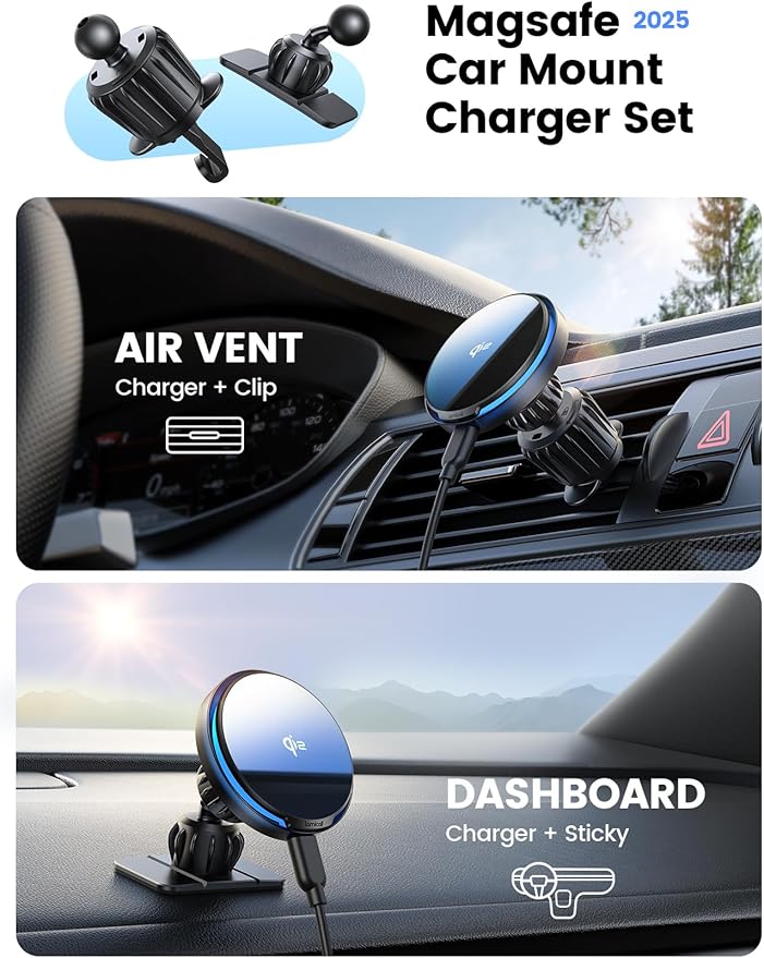 Lamicall 15W for QI2 Magsafe Car Mount Charger - 【RGB LED】360° Wireless Car Phone Holder Vent Dashboard, HandsFree Magnetic Phone Holder for Car Charging for iPhone 17 Air Pro Max Plus 16 15 14 13 12