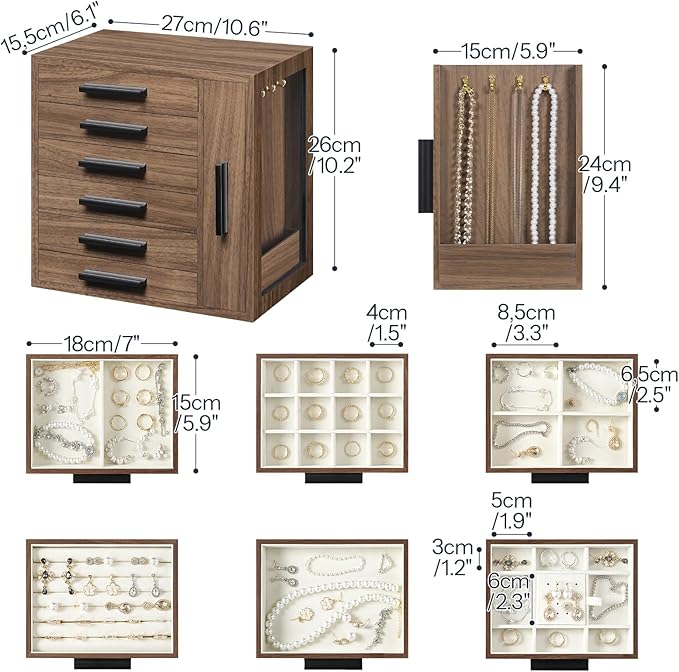 HOOBRO Jewelry Box for Women, Jewelry Organizer Box, 6-Tier Wooden Jewelry Box, Jewelry Case with Side Transparent Window, Cr
