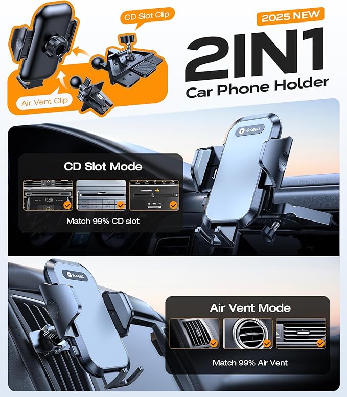 VICSEED Military-Grade Sturdy Car Phone Holder Mount, Upgraded Anti Shake Metal CD Slot & Air Vent Thick Case Friendly Phone Mount for Car Fit for iPhone 17 16 15 Samsung All Phones