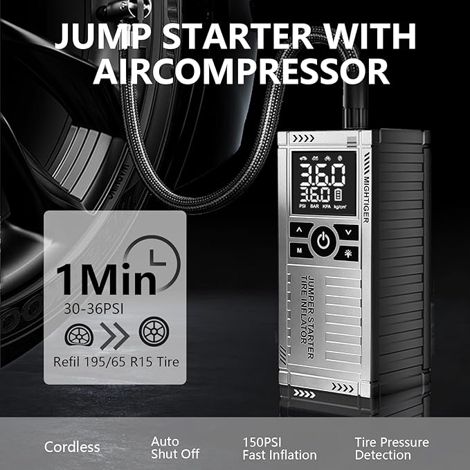 Car Battery Jump Starter with Air Compressor - 2500mAh*4 150PSI Portable Car Jump Starters (Gas4.5L/3.5L Diesel) with Tire