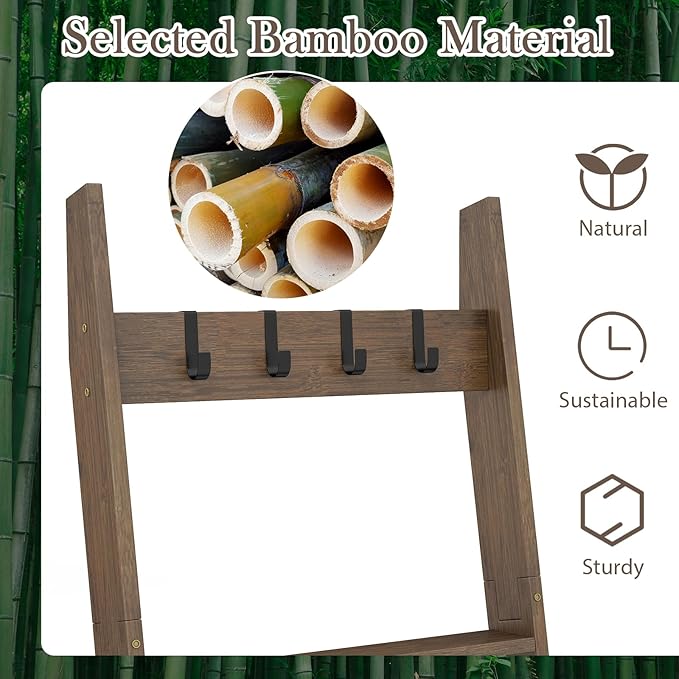 Giantex Bamboo Blanket Ladder, 5-Tier Ladder Shelf w/ 4 Removable Hooks, Decorative Wall Leaning Ladder, Blanket Holder w/Ant