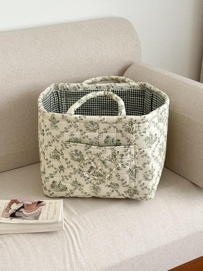 Storage Basket Boho Fabric Large Collapsible Floral Laundry Nursery Hamper Portable Folding Storage for Clothes Toys (Vine-Gr