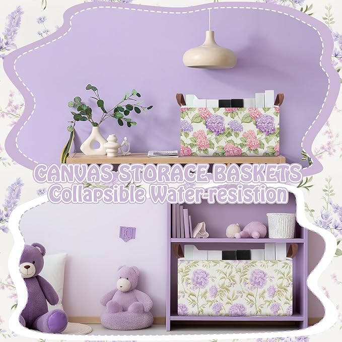 Boao 3 Pcs Purple Floral Storage Bin Wildflowers Collapsible Large Storage Baskets for Gifts Canvas Laundry Basket Foldable B