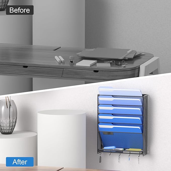 OUTWOLF Hanging Wall File Organizer with Hooks, 6 Tier Vertical Wall Mount File Holder, Paper Document Mail Organizer for Off