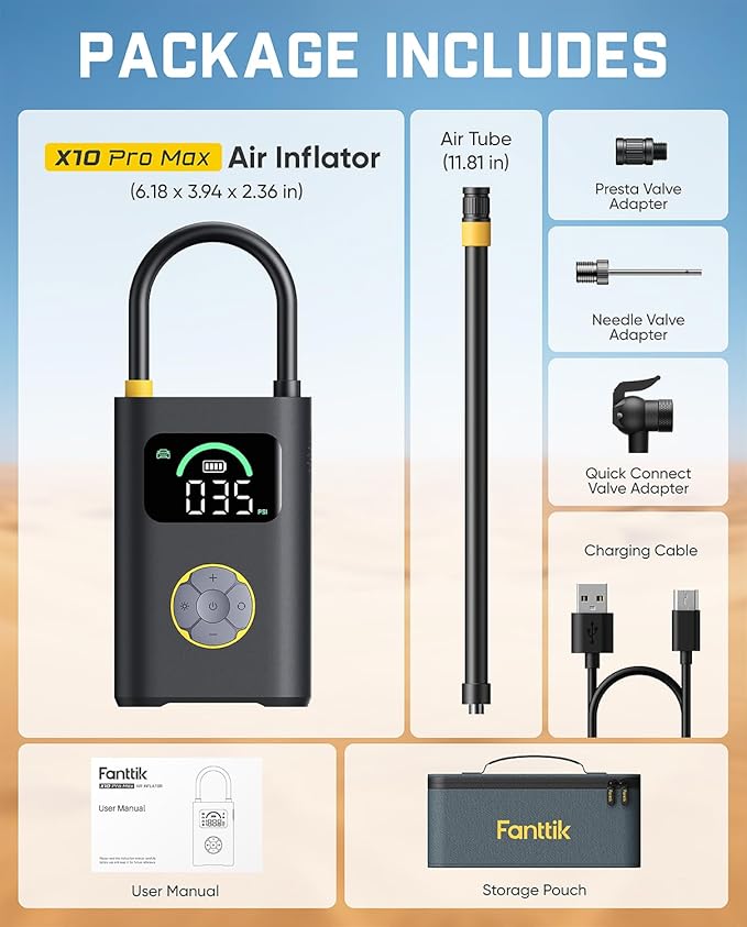 Fanttik X10 Pro Max Tire Inflator for SUV, 36s Fast Inflate Portable Air Compressor with Presta and Schrader Valve, 150PSI Cordless Air Pump with Powerful Battery for Cars, Motorcycles, Bikes, Balls