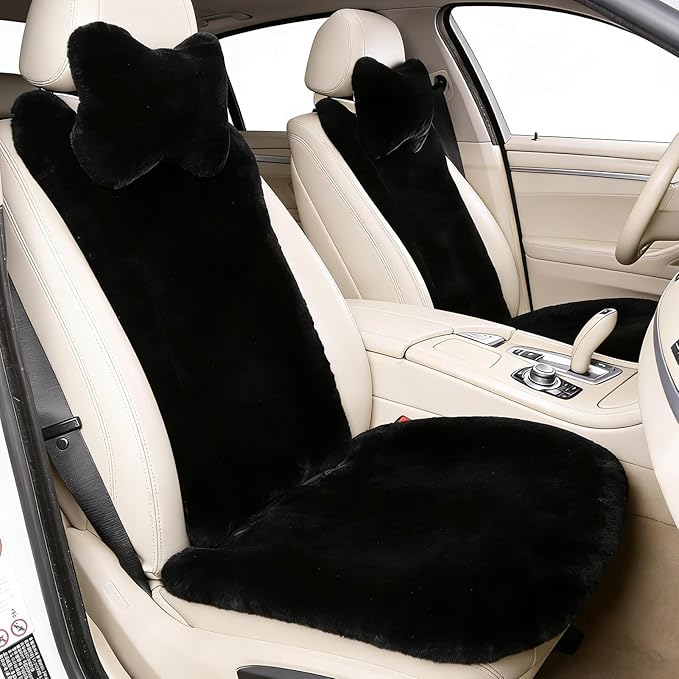 OGLAND 2 Pack Fuzzy Fluffy Fur Sheepskin Car Seat Covers for Auto Soft Cozy Wool Universal Seat Cushion Accessories Automobil