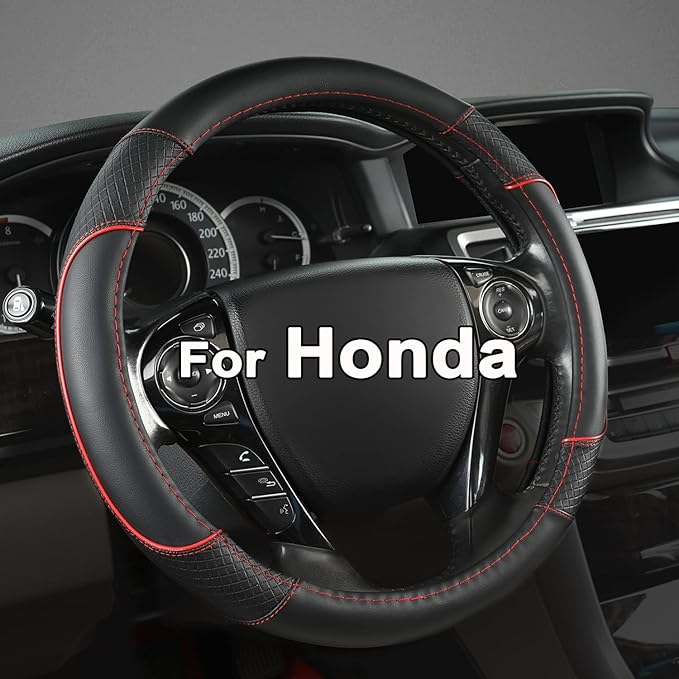 GIANT PANDA Microfiber Leather Steering Wheel Cover for Honda Accord,Civic,CR-V,HR-V,Pilot(Diamond-Pattern-Black+Red Line-Sta
