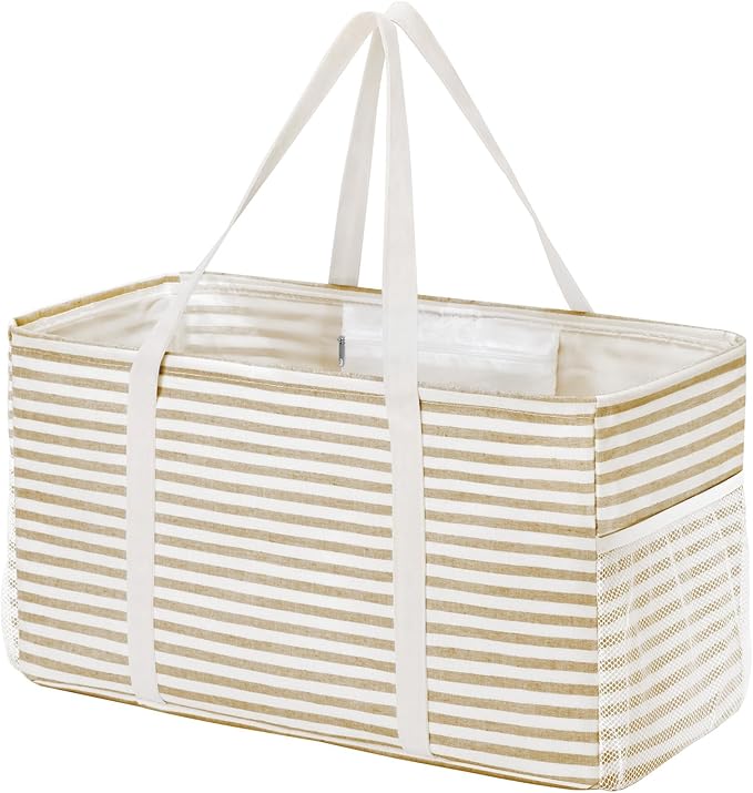 Lifewit Extra Large Tote Bag, Reusable Grocery Bags with Metal Wire Frame and Handles, Standing Utility Foldable Shopping Bags for Storage, Picnics, Beach, Laundry, Car, 46L, 1 Pack, Beige
