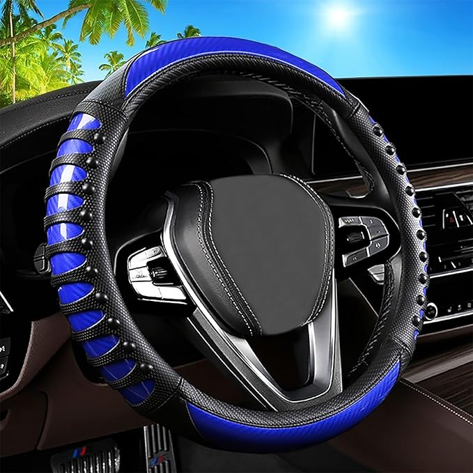 Car Leather Steering Wheel Cover - Carbon Fibre Material, Universal 14.5-15 Inch Leather Anti-Slip Breathable Auto Steering W