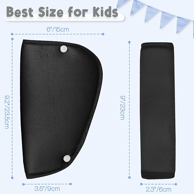Kids Seat Belt Cover Pads, Universal Seat Belt Adjuster for Kids, HNHUAMING Kid's Shoulder & Belly Protective Padding for Travel, Soft Breathable Car Seat Straps Pads for Children, Black