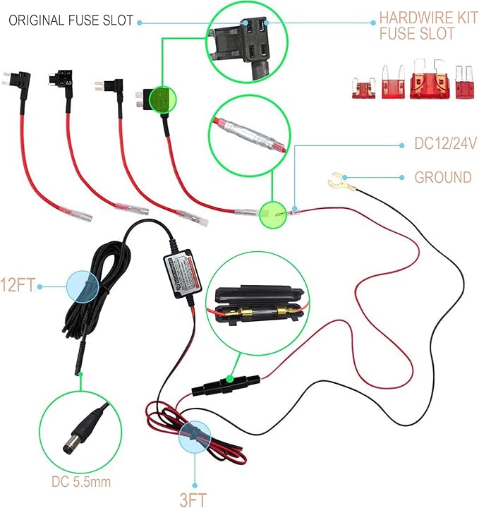 15ft Car Dash Cam Hardwire Kits,DC 5.5mm Head Charge Cable Tools w. Mini(ACS)/LP Mini(ACN)/ATO(ATC or ACU)/Micro2(ACZ) Fuse for NuCam WR & Galaxy Projector etc