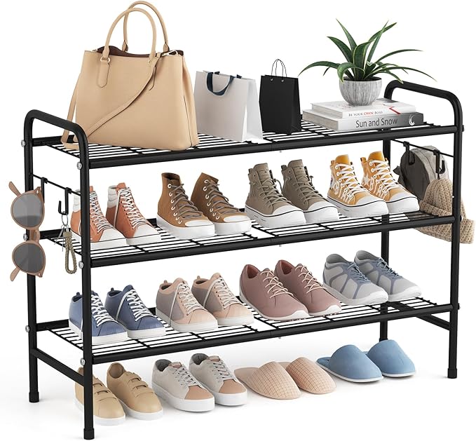 VILICK 3 Tier Shoe Rack 33" Wide Metal Shoe Organizer Long Shoe Storage with 4 Side Hooks Sturdy Shoes Shelf for Front Door E