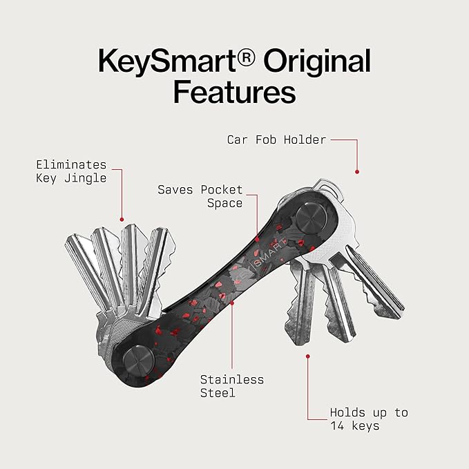 KeySmart Original Key Holder - Compact Key Organizer for Key Chain, Minimalist Clutter-Free EDC Keychains Key Ring, Red Forge