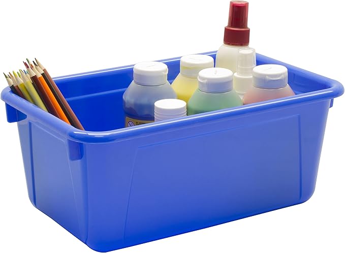 Storex Small Cubby Bins – Plastic Storage Containers for Classroom with Non-Snap Lid, 12.2 x 7.8 x 5.1 inches, Blue,(62408U05
