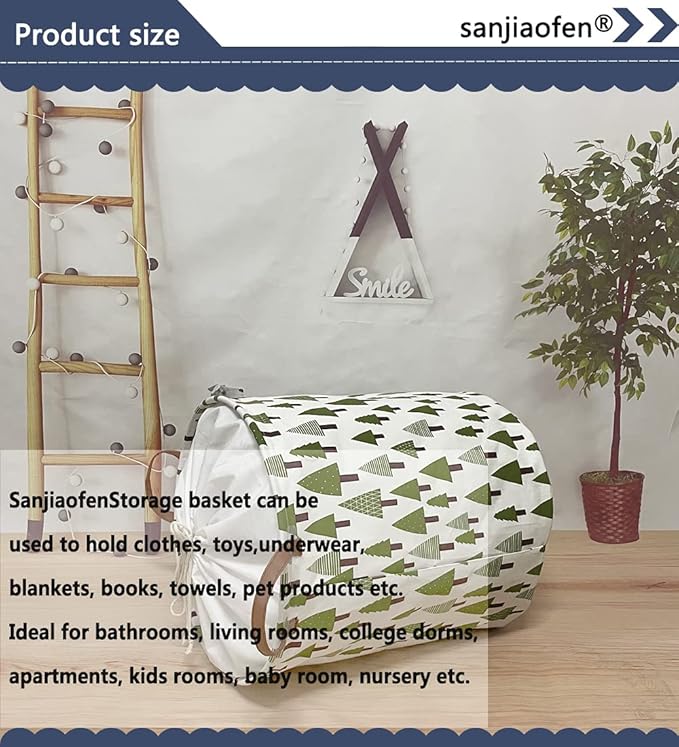 Nursery Laundry Basket Canvas Fabric Baby Boy Storage Bins,Collapsible Woodland Hamper,Waterproof Storage Baskets with Leathe
