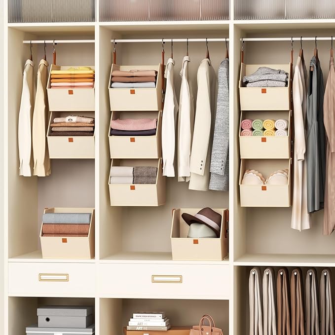 Homsorout Collapsible Hanging Closet Organizer - 3 Tier Closet Shelves Storage System with Hooks, Fabric Hanging Storage Bins