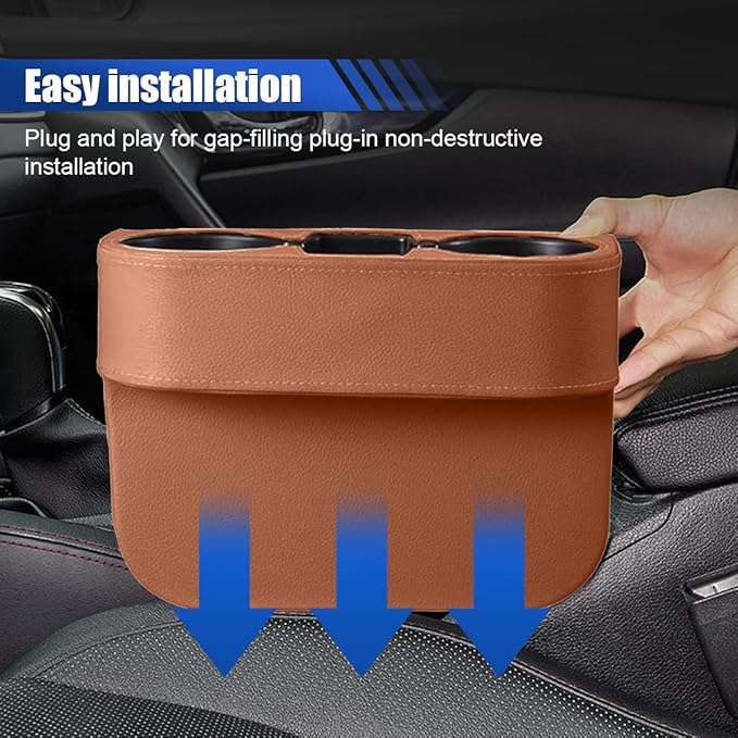 Car Cup Holder, Auto Front Seat Organizer, Multifunctional Cup Drink Holders with PU Leather Cover, Gap Filler Storage Box Coin Bucket Console Side Pocket Cell Mobile Phone Holder (Brown)