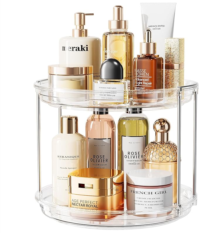 LAMU Rotating Makeup Organizer for Vanity, 10.6in 2 Tier Lazy Susan Turntable Stackable Spinning Skincare Organizer Cosmetic 