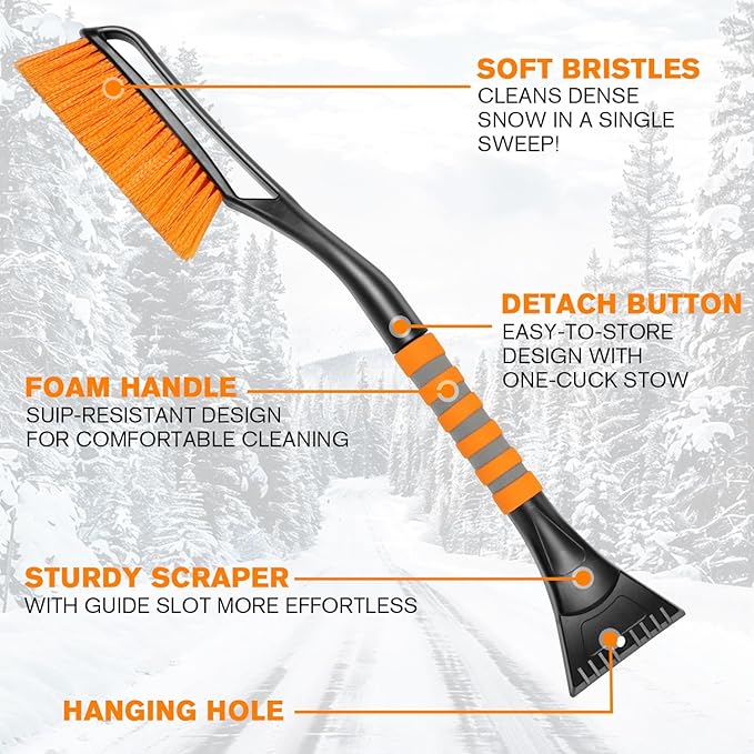 25" Snow Brush and Ice Scrapers for Car Windshield, 2-in-1 Detachable Design with Paint Protection, Extra Long Snow Removal Tool for Cars, Trucks, SUVs - Great for Drivers