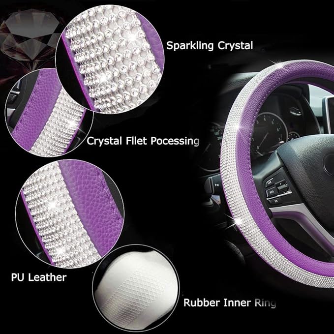 New Diamond Leather Steering Wheel Cover with Bling Bling Crystal Rhinestones, Universal Fit 15 Inch Car Wheel Protector for 