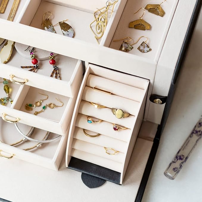 Vlando Jewelry Box Organizer for Girls Women, Large Baroque Jewelry Holder Organizer with Mirror, 3 Drawers for Bracelets, Ea
