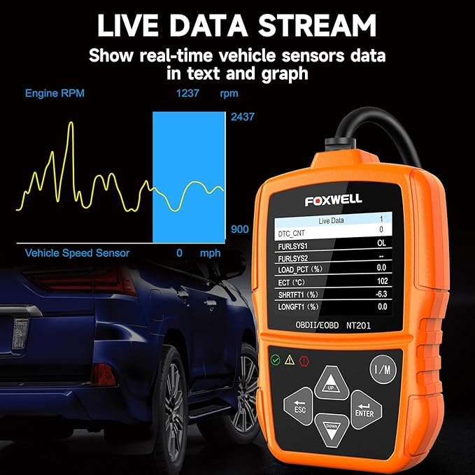 FOXWELL NT201 OBD2 Scanner Code Reader for Cars and Trucks - Reset Check Engine Light, Read and Clear Fault Codes, Live Data