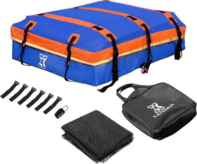 X AUTOHAUX 1000D PVC Waterproof Car Roof Bag Rooftop Cargo Carrier Bag Luggage Carriers for Cars with or without Rack Anti-Slip Mat 6 Door Hooks Set Blue - 15 Cubic Feet