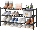 viewcare 3-Tier Long Black Shoe Rack, Bamboo Wood Shoe Rack for Closet, Entryway & Hallway, Stackable | Functional | Sturdy