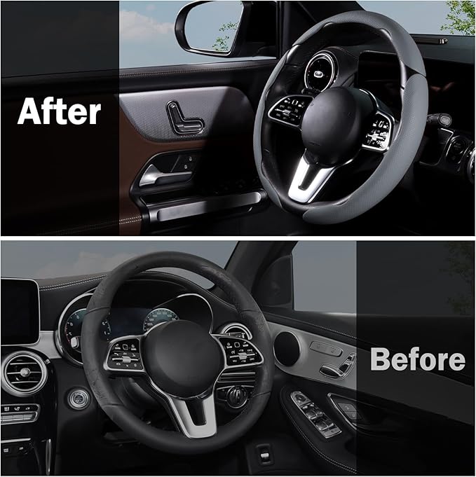 Car Steering Wheel Cover Leather Snap On 3Pcs Set Non-Slip Protector Wrap Steering Wheel Accessories 14.5-15 inch Universal G