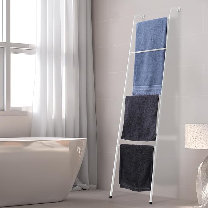 ABQ 4-Tier White Metal Blanket Ladder, Wall Leaning Towel Rack, Decorative Space Saving Shelf for Living Room, Bedroom, Bathr