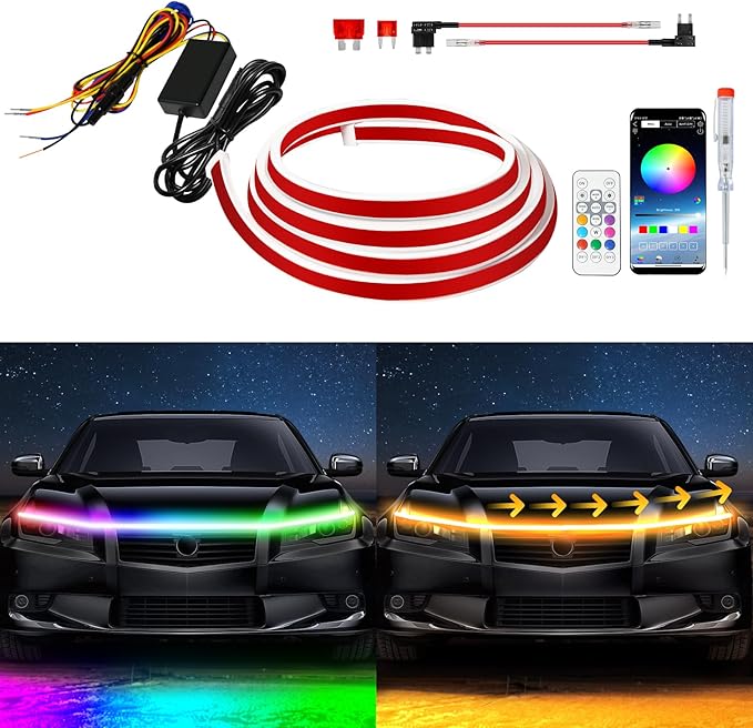 Exterior Car LED Hood Light Strip,RGB Multicolor Dynamic Scan Start Up Hoodbeam Kit with App & Remote Control,70 Inch 12V Updated Waterproof Hood Glow Lights for Cars, Trucks,SUV(1set)