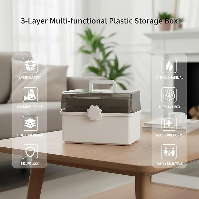 Pulseplay 3-Layer Large Capacity Medicine Storage Box - Portable Plastic Storage Box for Sewing Art Supply, Hair Accessories 