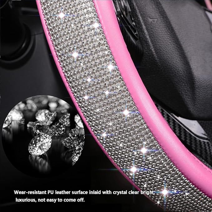 Bling Diamond Leather Steering Wheel Cover for Women Girls with Crystal Rhinestones, Universal Fit 14.5-15 Inch Car Steering Wheel Cover Accessories