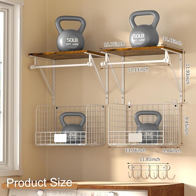 DAOUTIME 2 Set Laundry Room Wall Mounted Shelves With Wire Storage Baskets, Over Washer and Dryer With Hanging Rods and Hooks