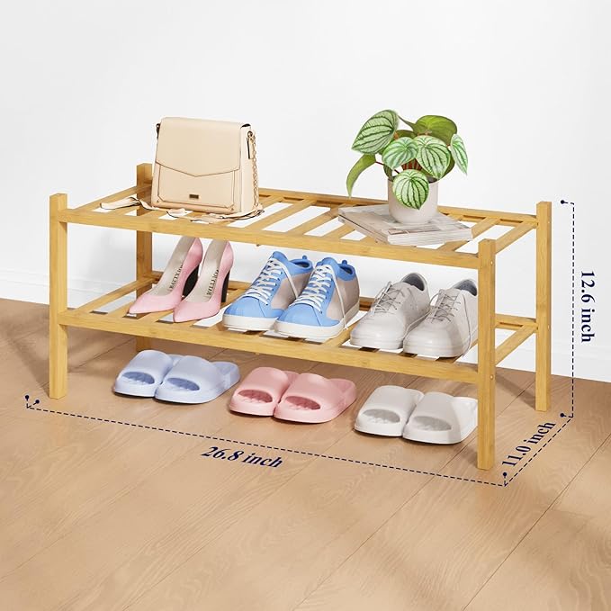 Kitsure Bamboo Wooden Shoe Rack for Closet - Stackable Shoe Organizer with Modular Structure, Space-Saving Shoe Shelf for Ent