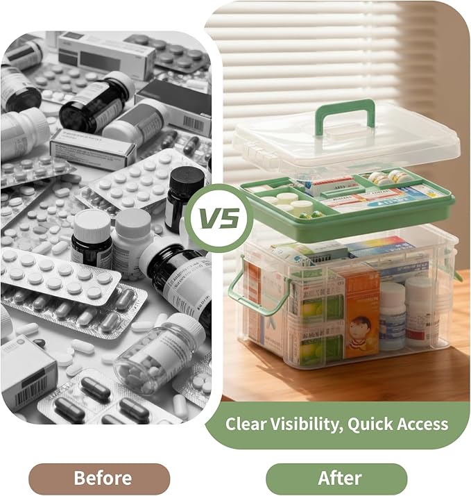 2 Pack Clear Medicine Organizer Storage Box with Tray, Portable Medicine Cabinet with Handle, Plastic First Aid box Empty wit