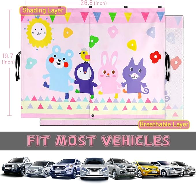 Car Window Shade for Baby, 2pcs Magnetic Auto Sun Shades for Side Windows Double Layer Full & Half Shade Options, Cute Patterns Car Window Curtains for Sun Glare Block