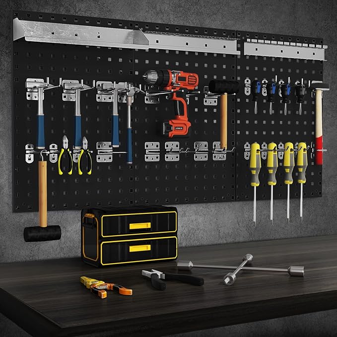 Goplus Garage Pegboard, Metal Pegboard Tool Organizer Kit with 3 Pegboards & 28 Pcs Hanging Accessories, Heavy Duty Wall Orga