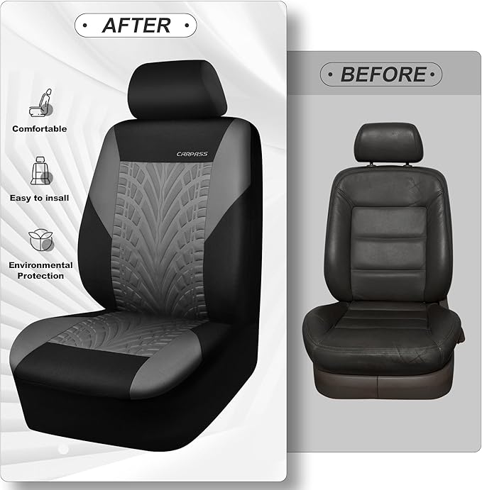 CAR PASS Car Seat Covers Full Sets, Front & Split Rear Bench for Car, 3D Tyre Embossed Automotive Interior Covers, Airbag Com